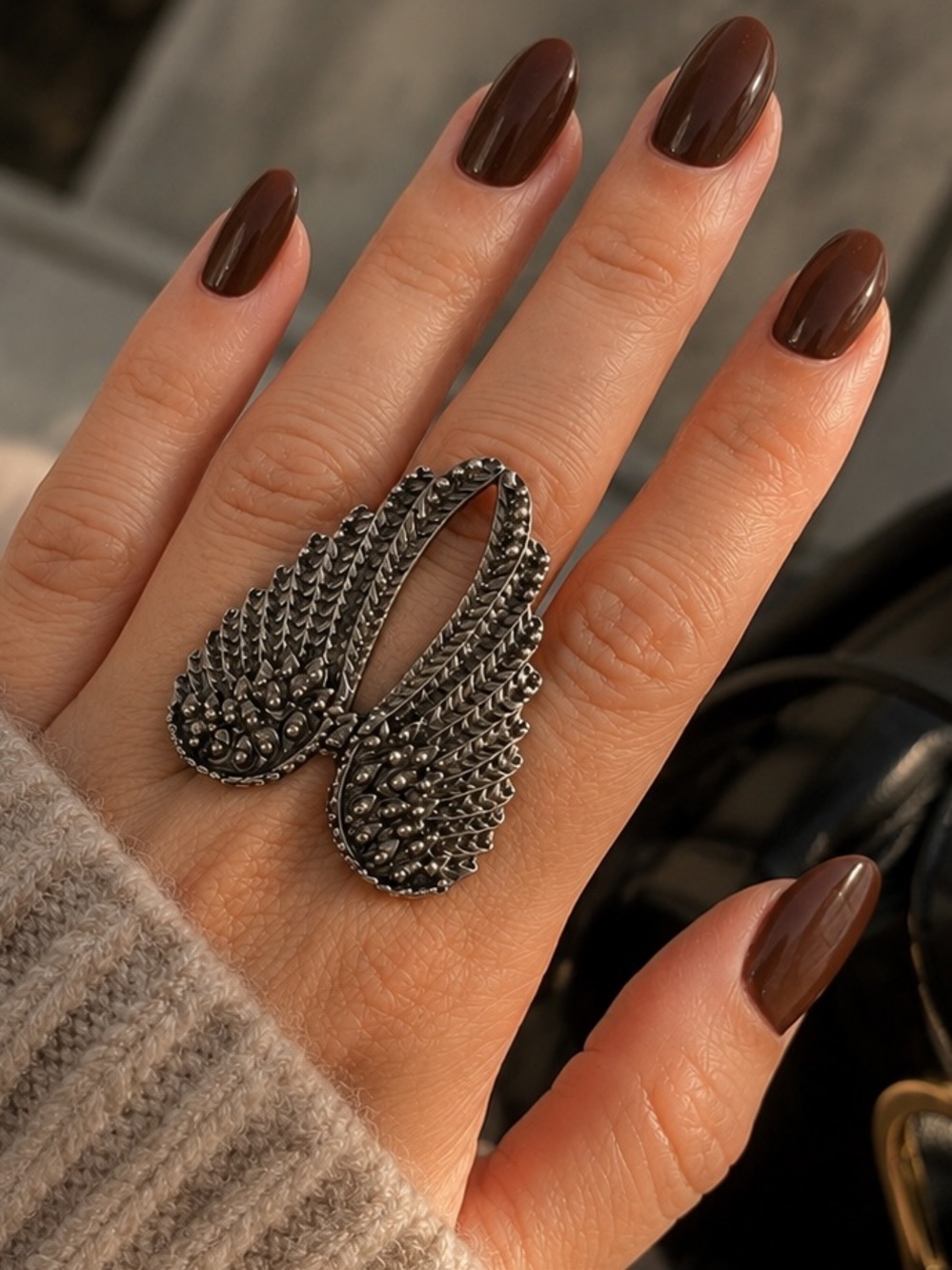 Vintage-Inspired Wing Statement Ring Silver Tone One Size Boho Gothic Unbranded